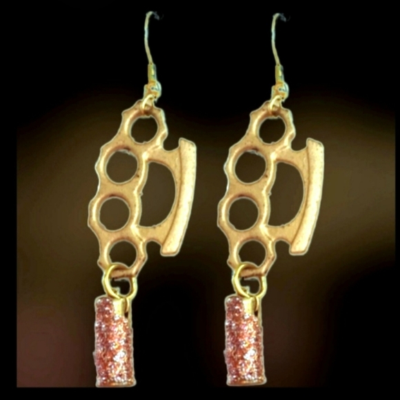 Pink glitter 22 bullet casing  brass knuckle dangle punk rock ammo earrings NWT - Picture 3 of 17